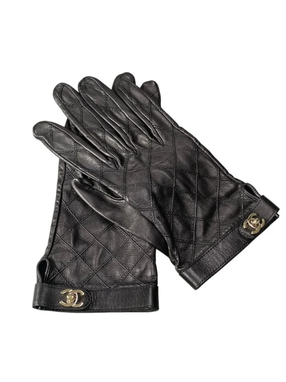 Chanel G1 Quilted Leather Gloves Turnlock CC Logo 8 Black Lambskin